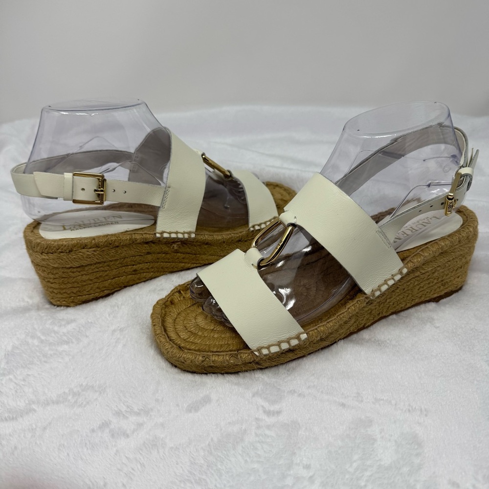 Lauren Ralph‎ Lauren White Leather Bena Wedge Espadrilles Size 7.5 Gold-tone